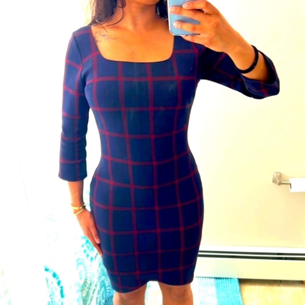 Express Tulip Hem Checkered Long Sleeve Dress